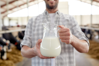 A person in a dairy barn holding a clear glass pitcher filled with fresh milk, with rows of cows and open barn architecture visible in the background.