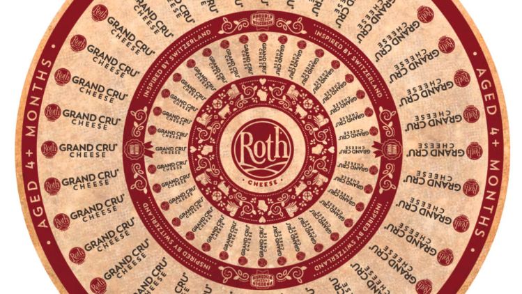 A round cheese wheel label featuring a red and beige circular pattern with repeating text around the edges and the Roth logo in the center.