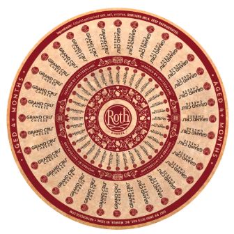 A round cheese wheel label featuring a red and beige circular pattern with repeating text around the edges and the Roth logo in the center.