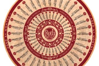 A round cheese wheel label featuring a red and beige circular pattern with repeating text around the edges and the Roth logo in the center.